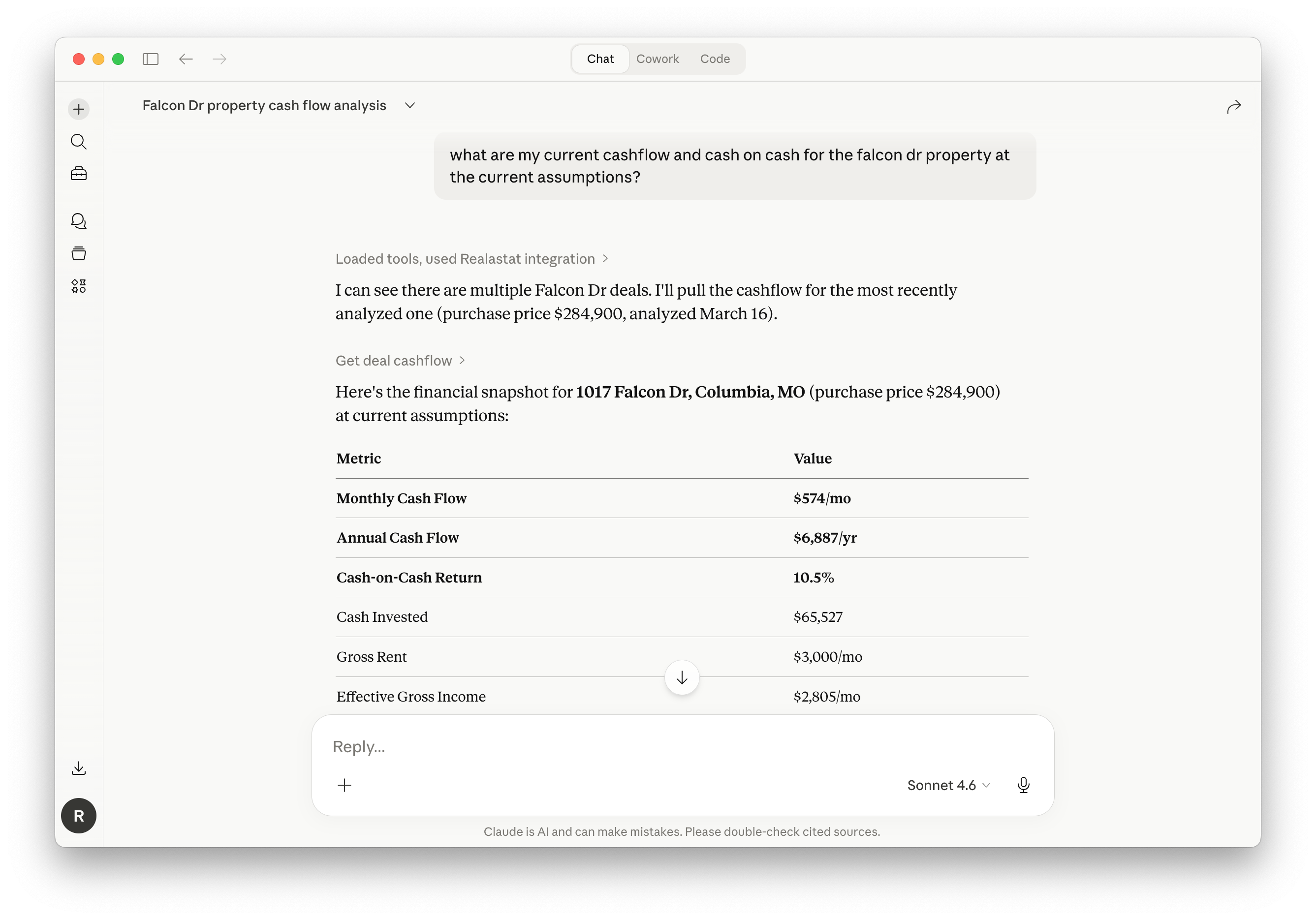 Claude answering a cash flow question with live Realastat deal data