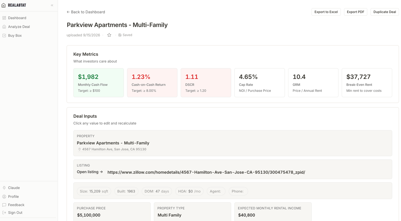 Realastat deal page for a multi-family listing showing monthly cash flow, cash-on-cash return, DSCR, cap rate, GRM, break-even rent, and editable deal inputs